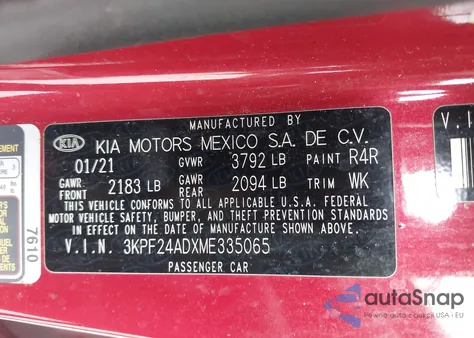 2021 Kia Forte Lxs из США, поврежденный, VIN 3KPF24ADXME335065